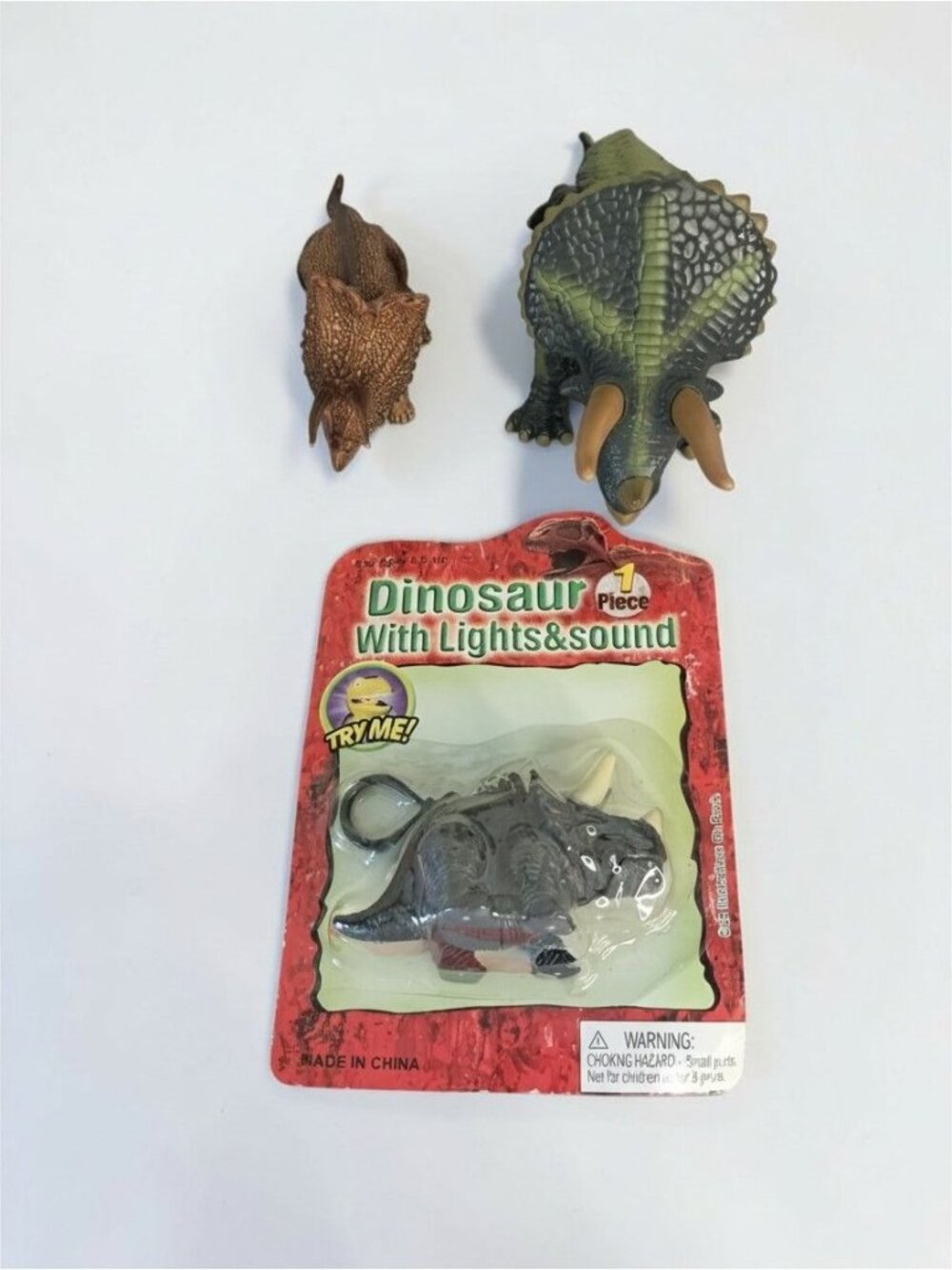 3-Pc Triceratops Dinosaur Toy Lot Set Electronic Sound Figure Light-Up Keychain